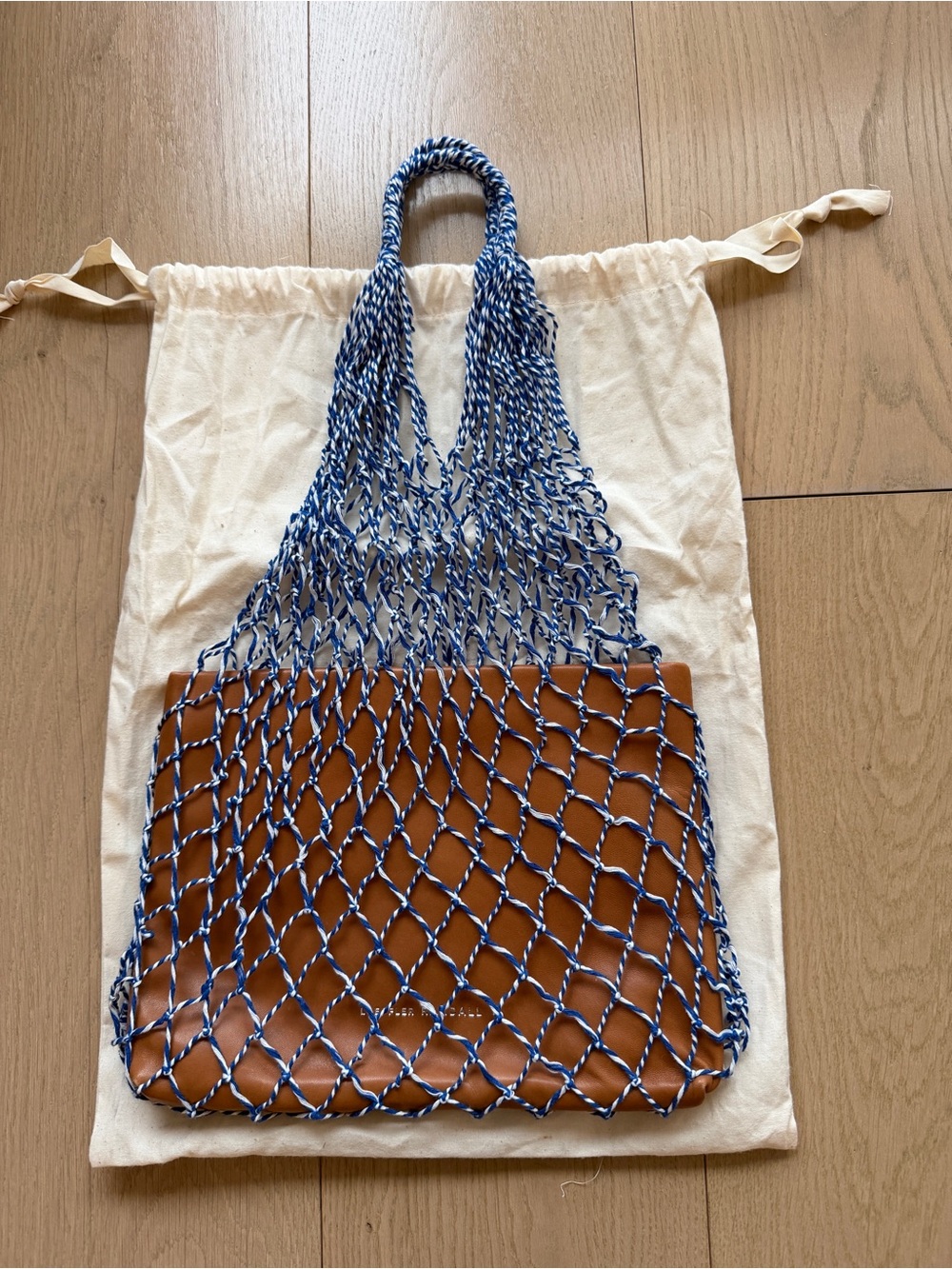Loeffler Randall Brown Leather Pouch with Blue Knotted Net Tote